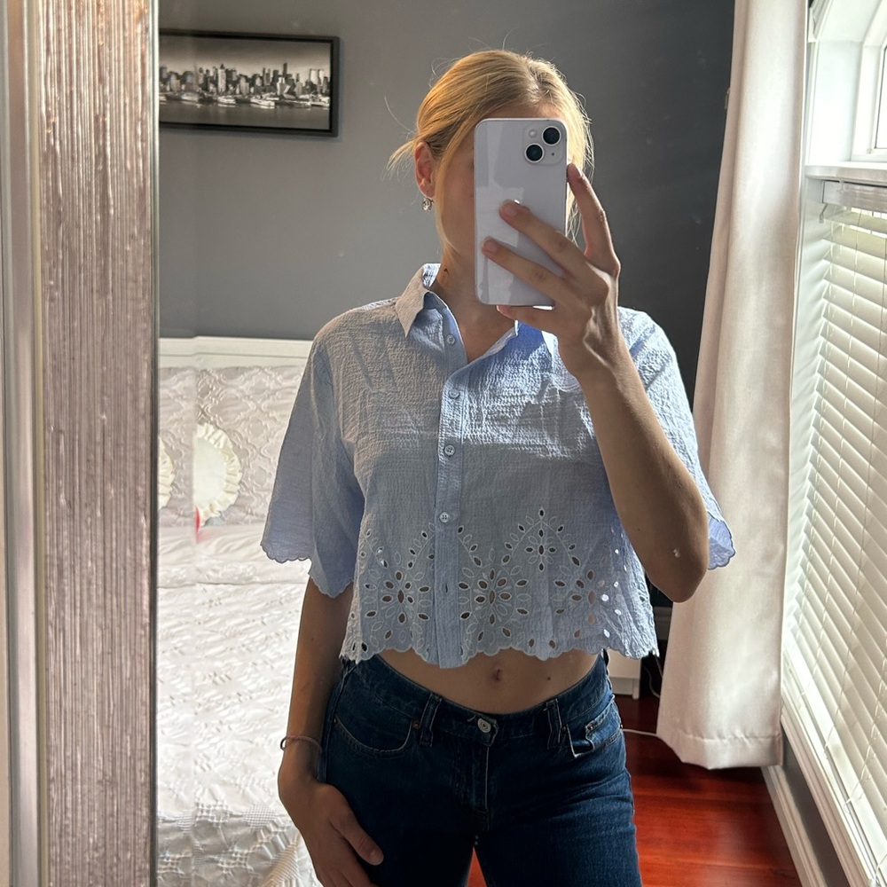 Zara Light Blue Eyelet Button Down Shirt